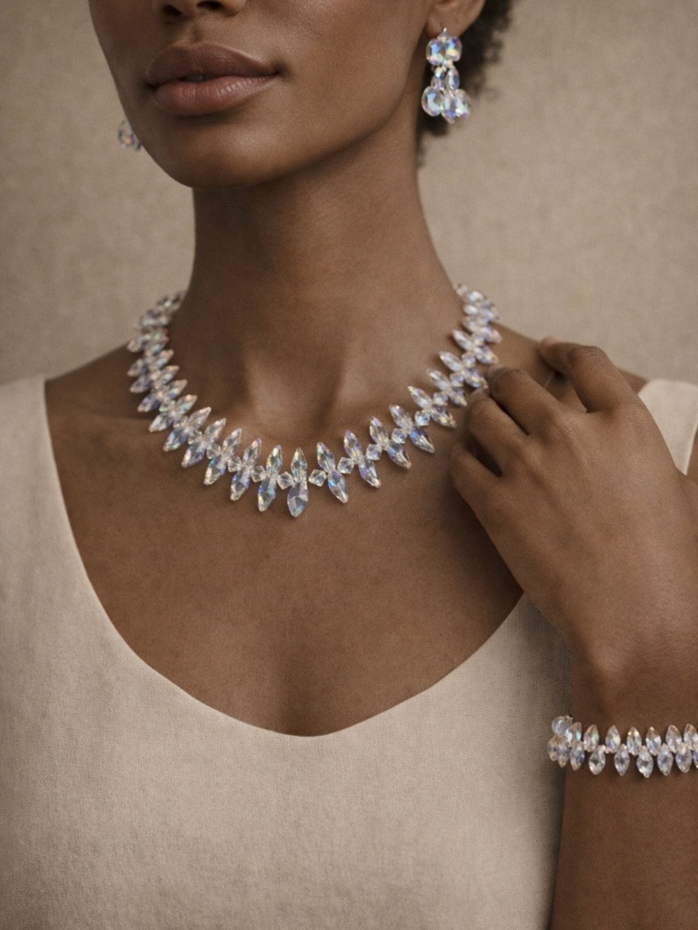 Iridescent Crystal Jewelry Set Necklace Bracelet Earrings Statement Glam Trend